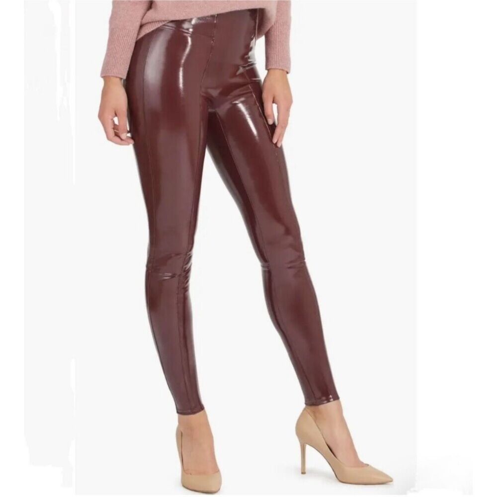 Spanx Shape Faux Patent Leather Leggings Ruby Burgundy Compression Shaping sz M